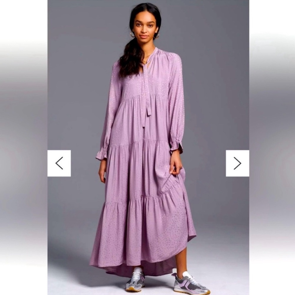 Maeve by Anthropologie Tiered Midi Dress Lavender Textured Tie Neck Long Sleeve